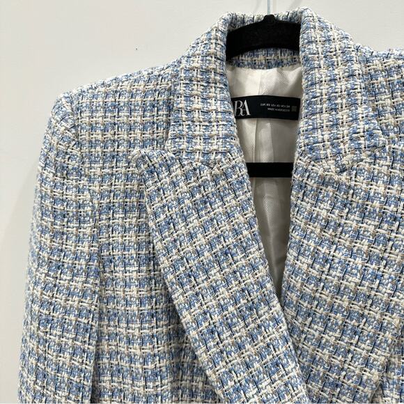 Zara Blue White Textured Tweed Double Breasted Blazer. Blogger fave. Like New - Picture 7 of 14